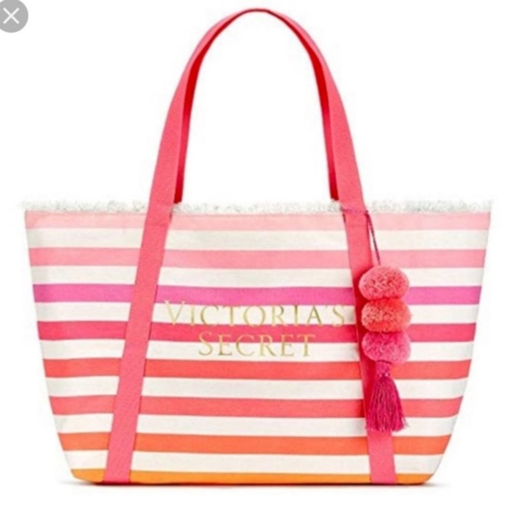 Victorias Secret Canvas Pink Stripe Pom Pom Tote
